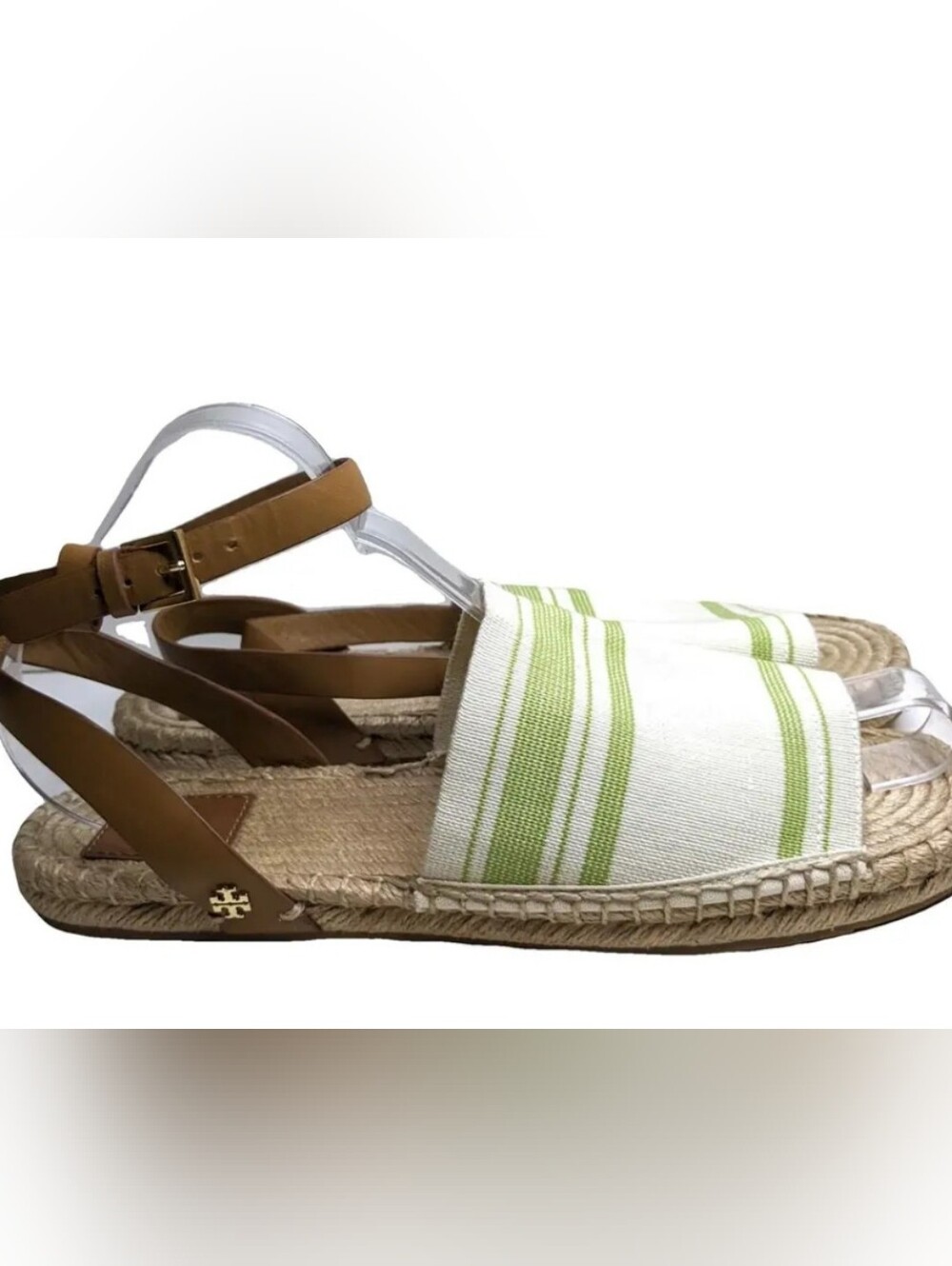 Tory Burch White & Green Striped Espadrille Sandal with Tan Leather Straps Sz 11